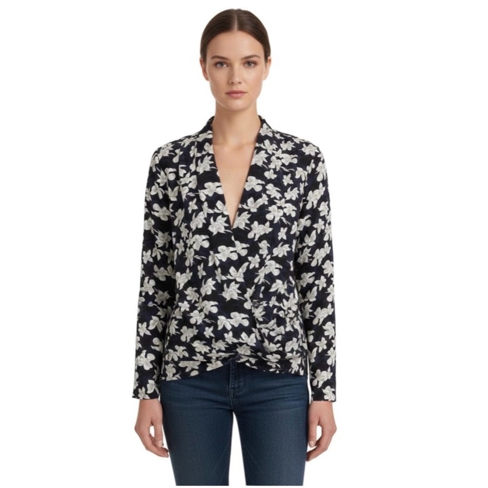Ann Taylor Navy and White Floral Wrap Blouse